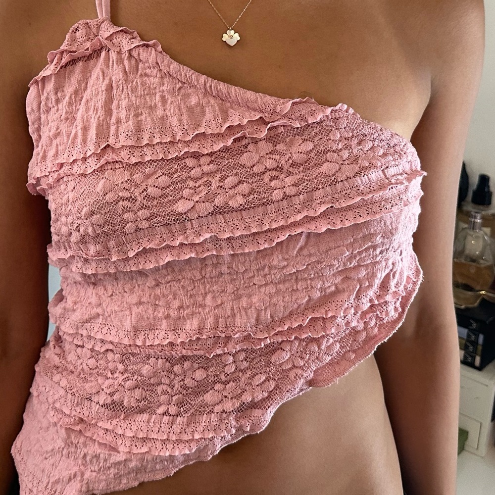 Pink One-Shoulder Lace Top
